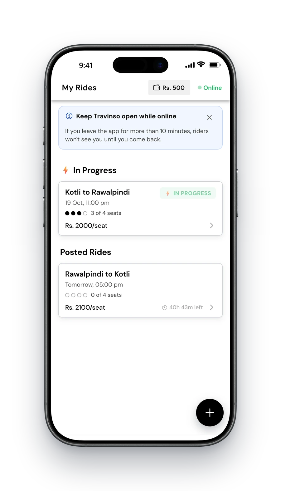 Travinso driver app: rides in progress and posted rides with seats and fares