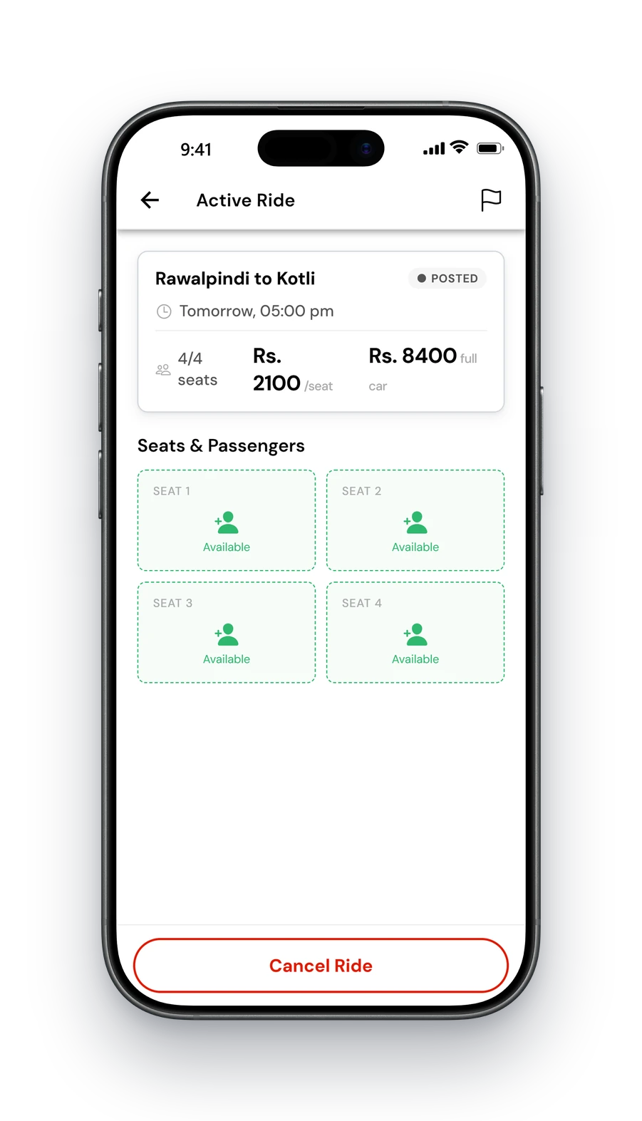 Travinso driver app: posted ride with four available seats