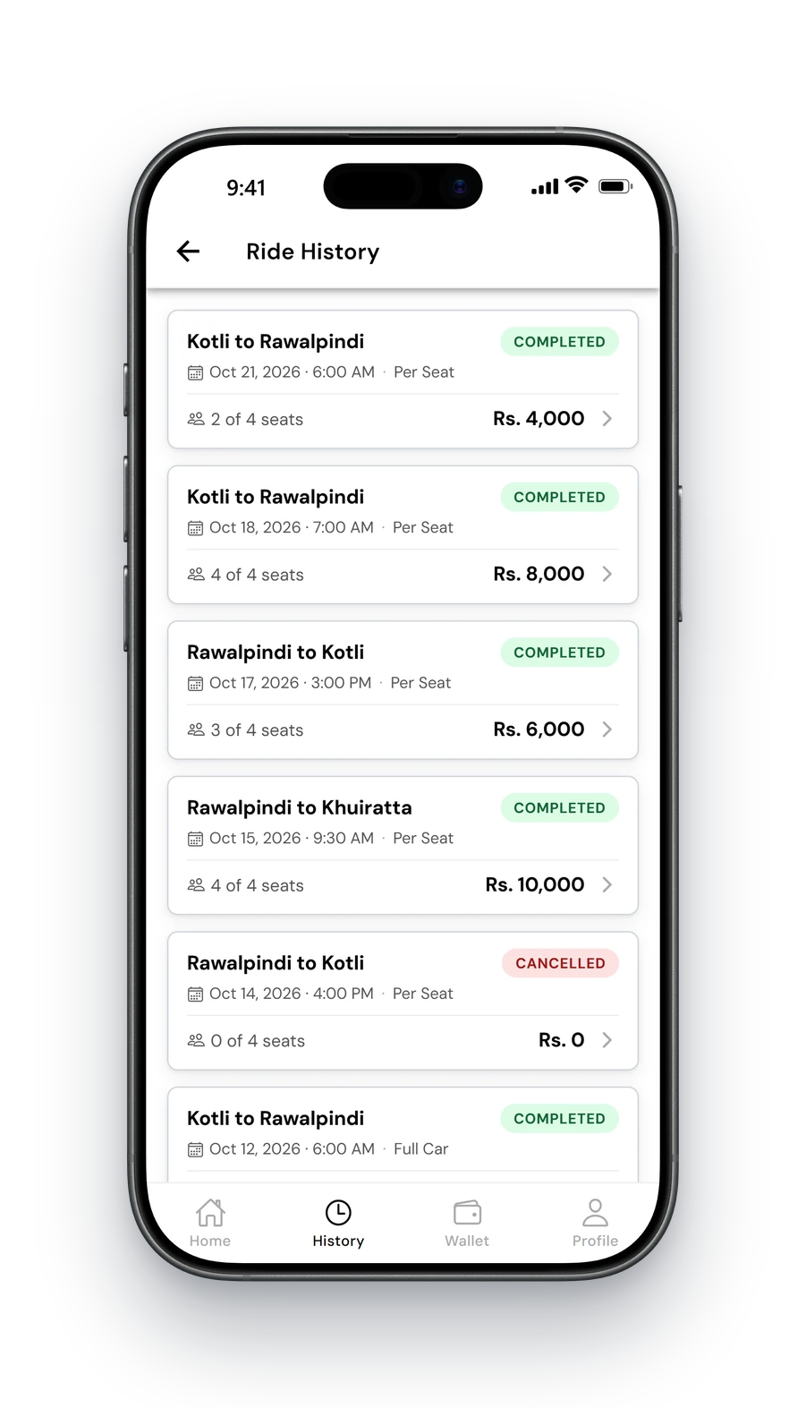 Travinso driver app: ride history with a completed trip