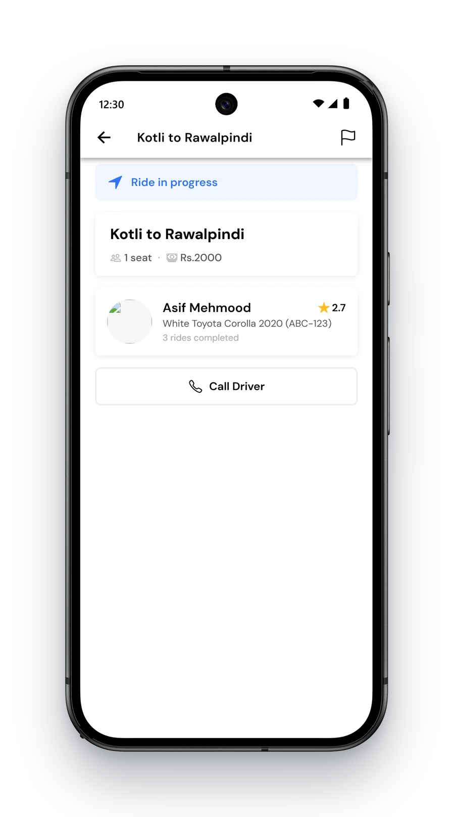 Travinso rider app: ride in progress with driver and car details