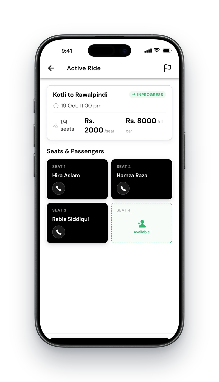Travinso driver app: seat map with booked passengers