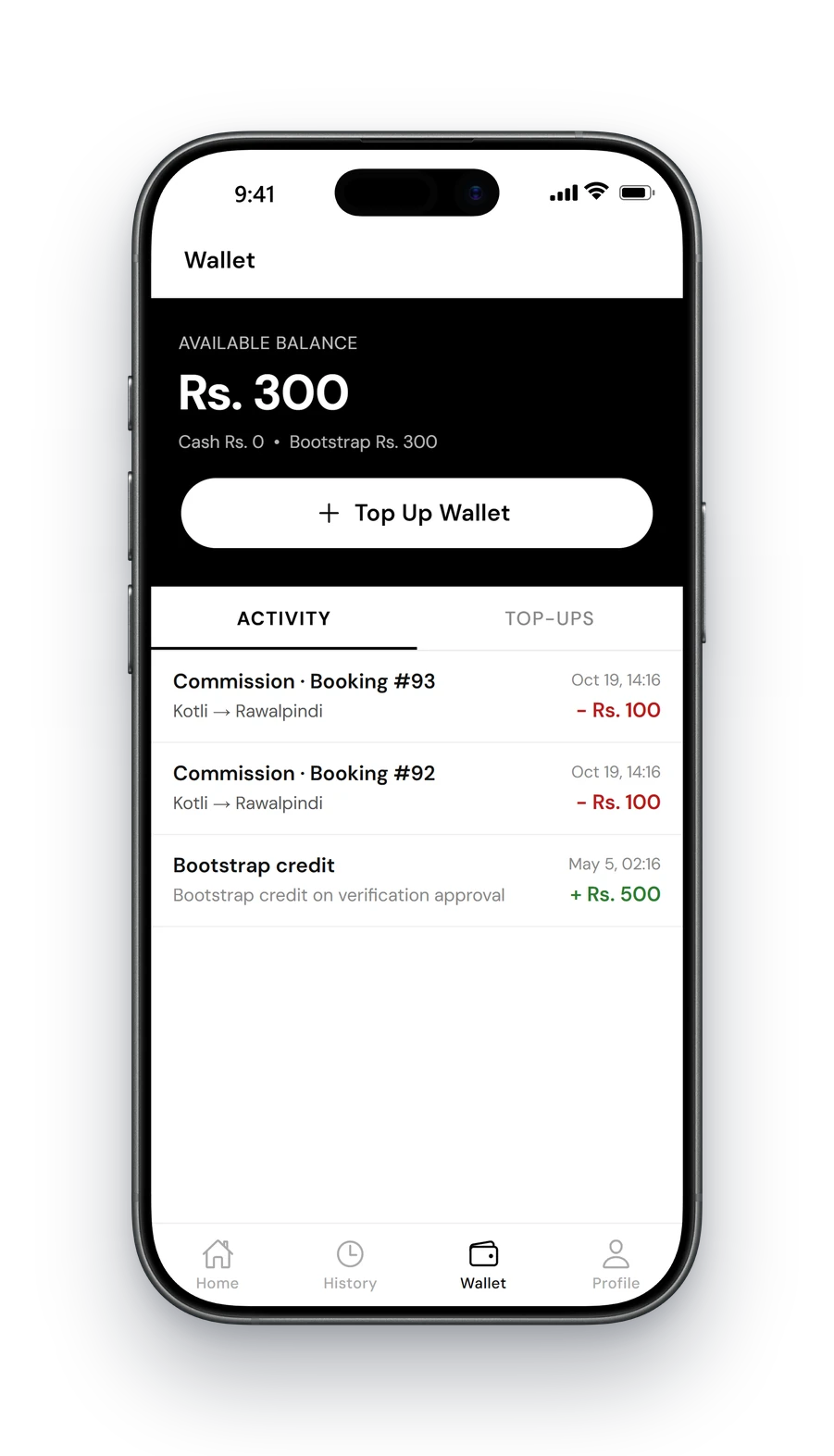 Travinso driver app: wallet balance and activity